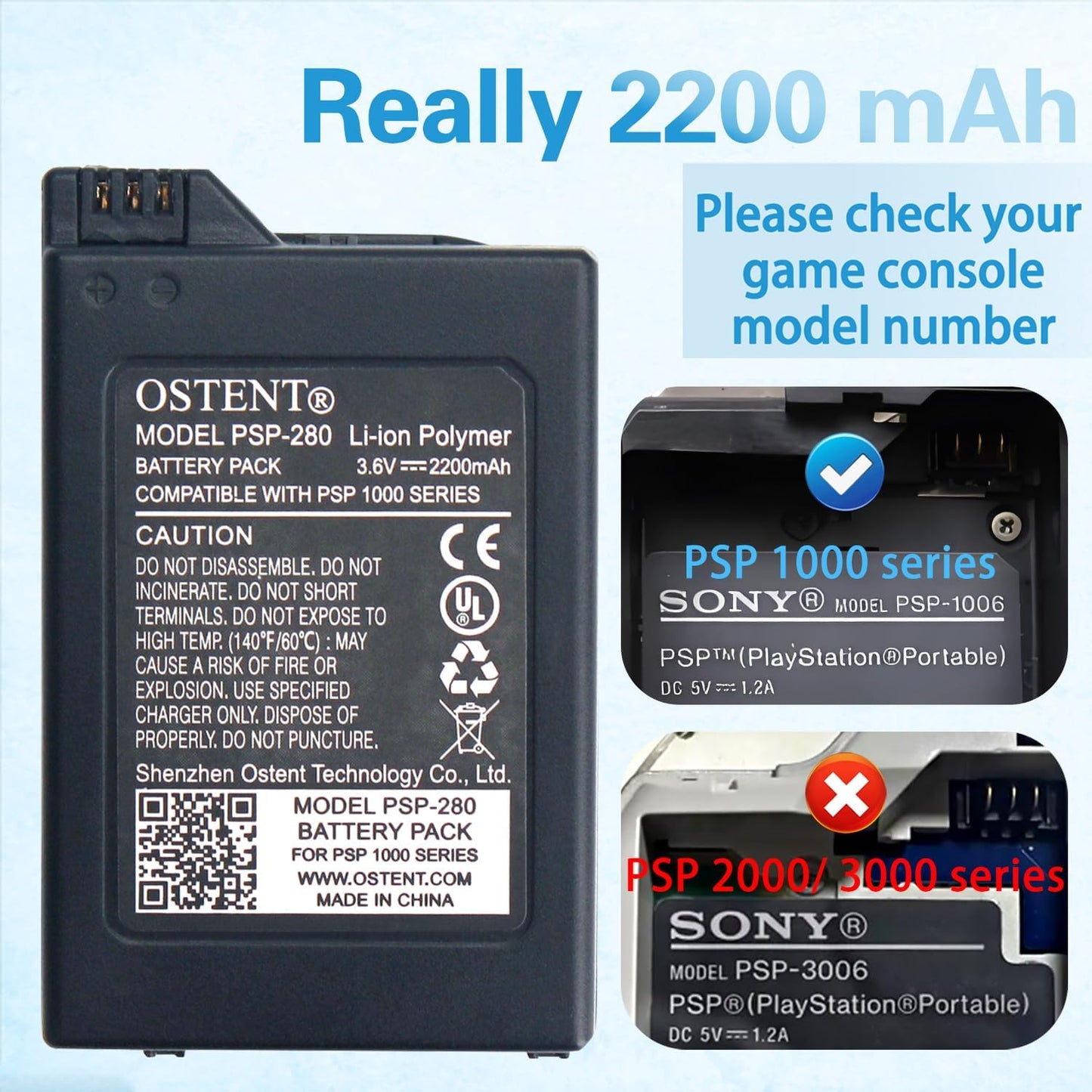 PSP 1000 High Capacity 2200mAh OSTENT Battery – Longer Playtime (Replacement Battery)